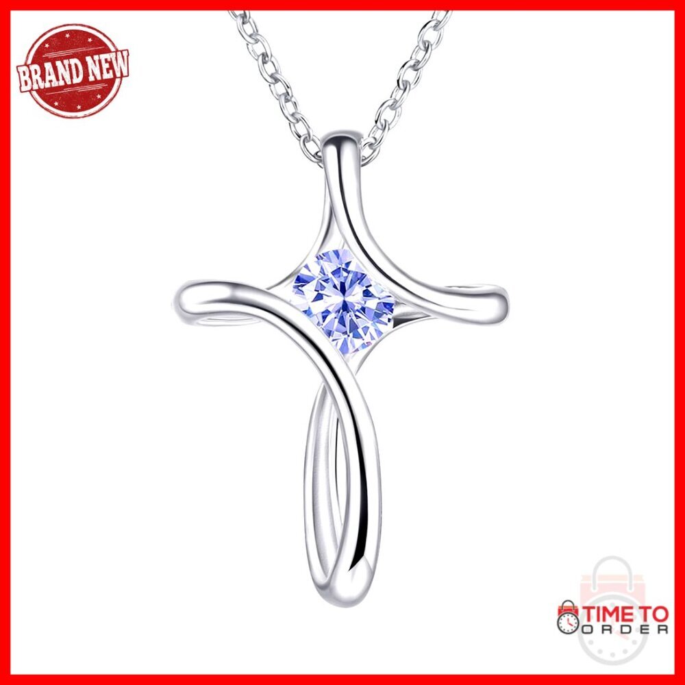Sterling Silver Cross Necklace with Diamond Pendant, 17" Chain